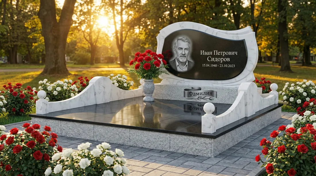 Памятник мужчине из белого мрамора и чёрного гранита, фигурная стела с портретом, обилие красных и белых роз Памятник мужчине из белого мрамора и чёрного гранита, фигурная стела с портретом, обилие красных и белых роз