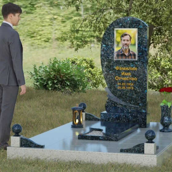 Гранитный памятник «Волна» с изгибом, гранит Блю Перл, вид 4