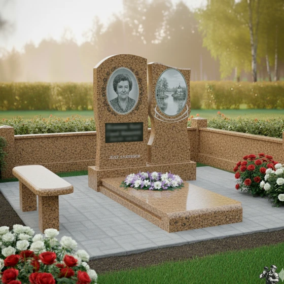 Двойной памятник с пейзажем и орнаментом, гранит Дымовский