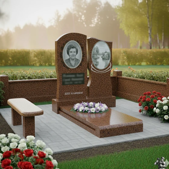 Двойной памятник с пейзажем и орнаментом, гранит амфиболит