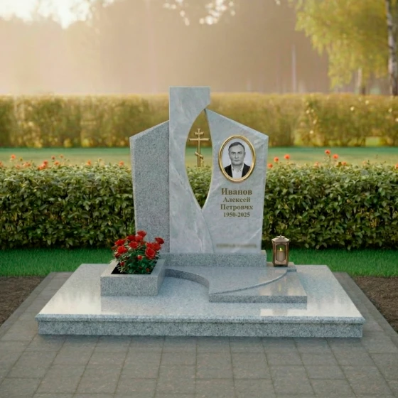 Гранитный памятник с православным крестом и медальоном, гранит Мансуровский