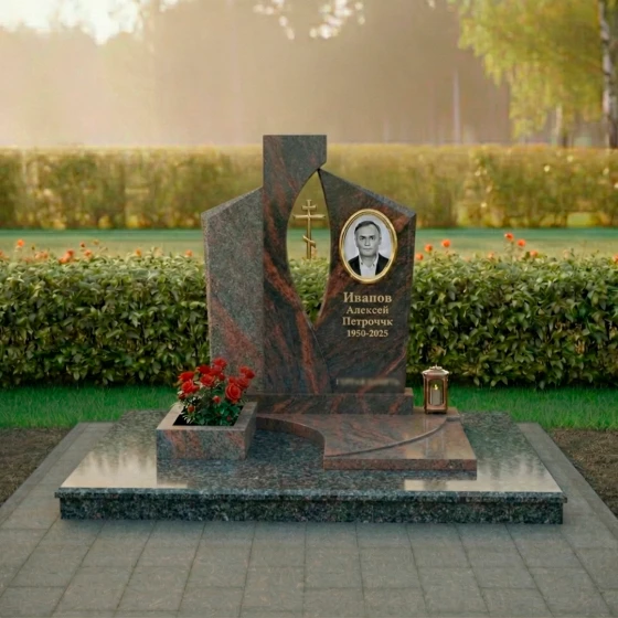 Гранитный памятник с православным крестом и медальоном, гранит амфиболит