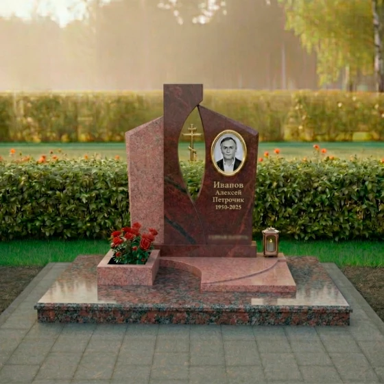 Гранитный памятник с православным крестом и медальоном, гранит Лезниковский