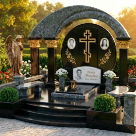 Элитный гранитный памятник с крестом для троих - ПН194