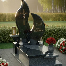 Гранитный православный вертикальный памятник с мемориальным комплексом и крестом - ПН239