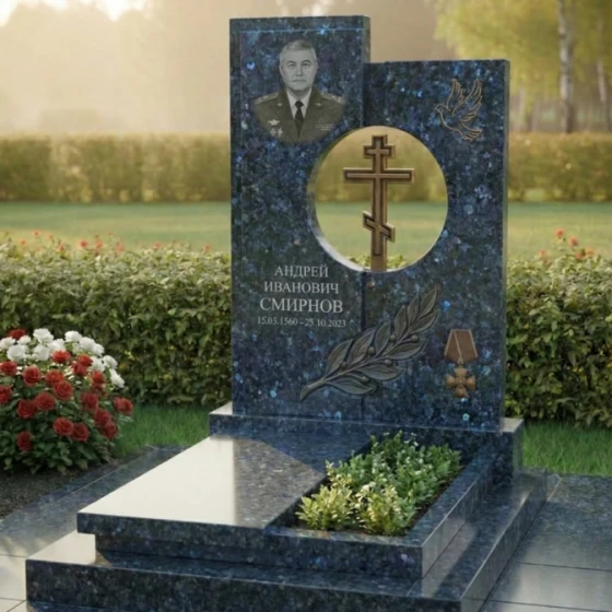 Гранитный памятник с круглым проемом и голубем, гранит Блю Перл