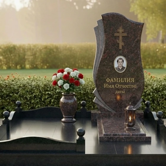 Мемориальный комплекс с изогнутой стелой и крестом, гранит Дымовский