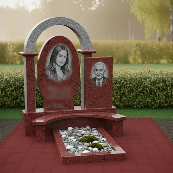 Комбинированная стела с гранитной аркой и скамьей, гранит Лезниковский
