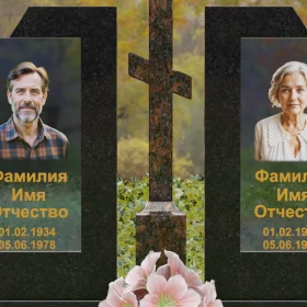 Горизонтальный православный памятник Гранит|Стекло на двоих - П246