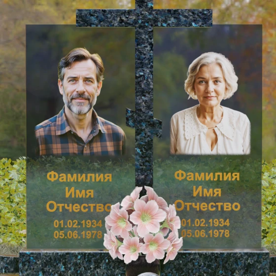 Горизонтальный памятник с восьмиконечным крестом, гранит Блю Перл