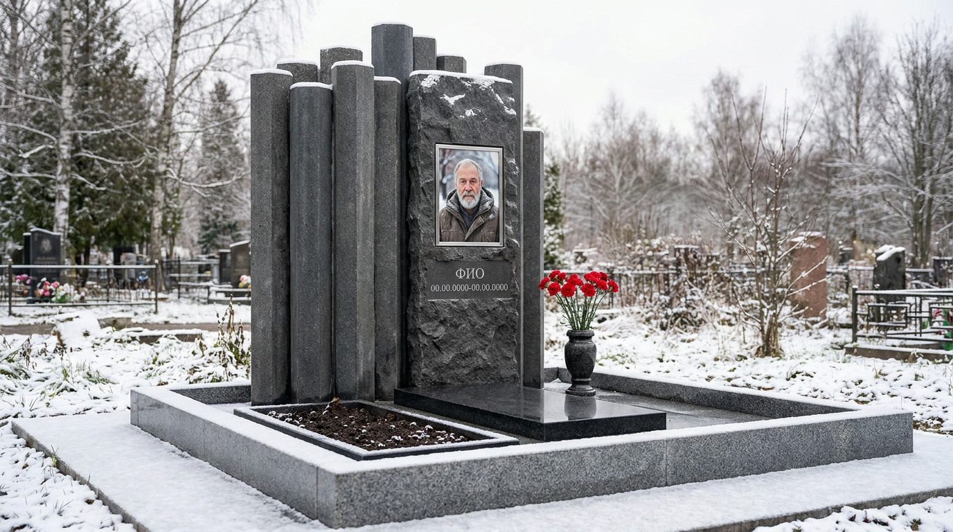 Пример дизайна: Памятник из тёмного базальта в виде скалы
