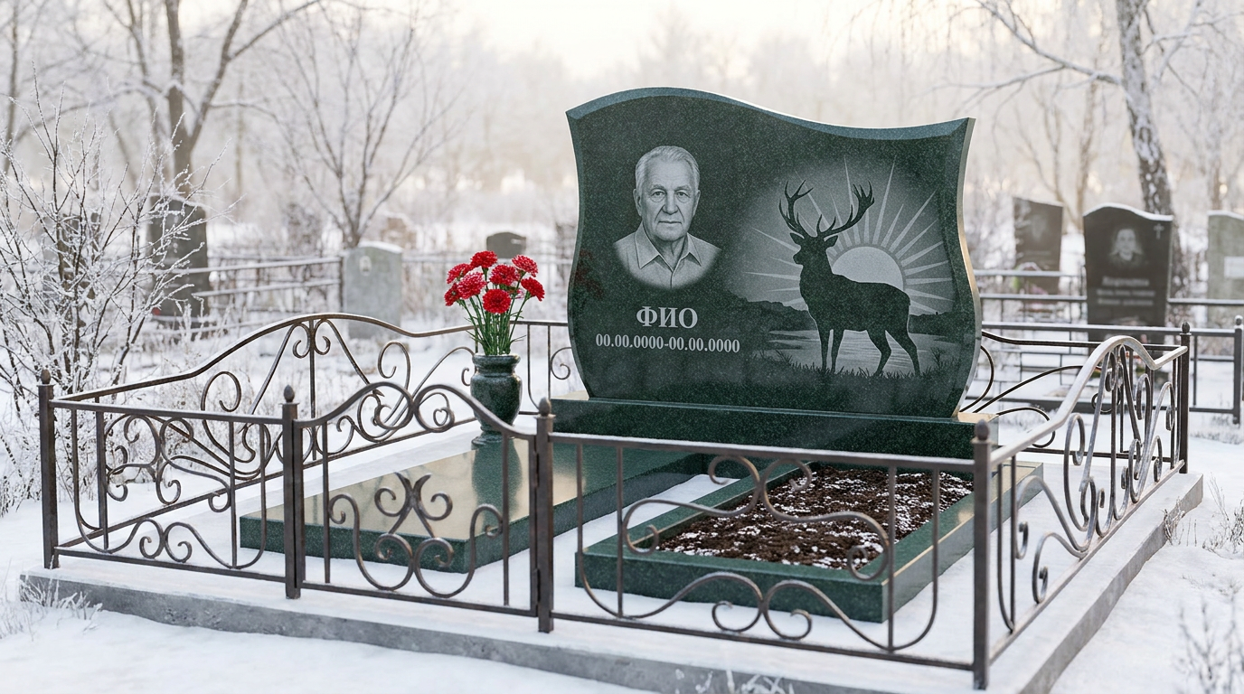 Пример дизайна: Гранитный памятник охотнику в форме арки с охотничьим трофеем