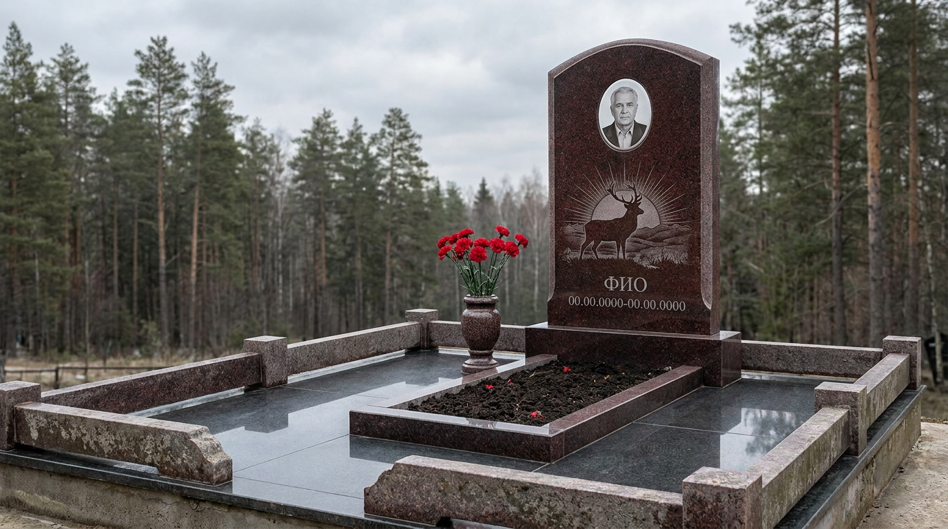Пример дизайна: Гранитный памятник охотнику в форме арки с двустволкой