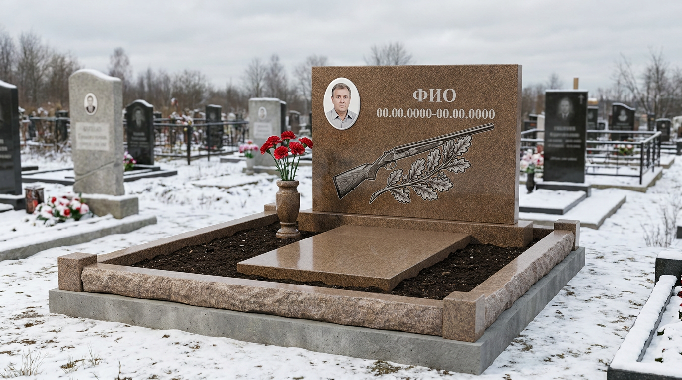 Пример дизайна: Гранитный памятник охотнику в виде глыбы с уткой в полёте
