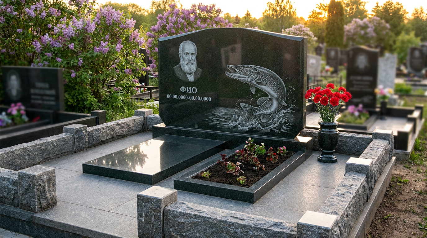 Пример дизайна: Гранитный памятник рыбаку в форме арки с рыбацкой лодкой