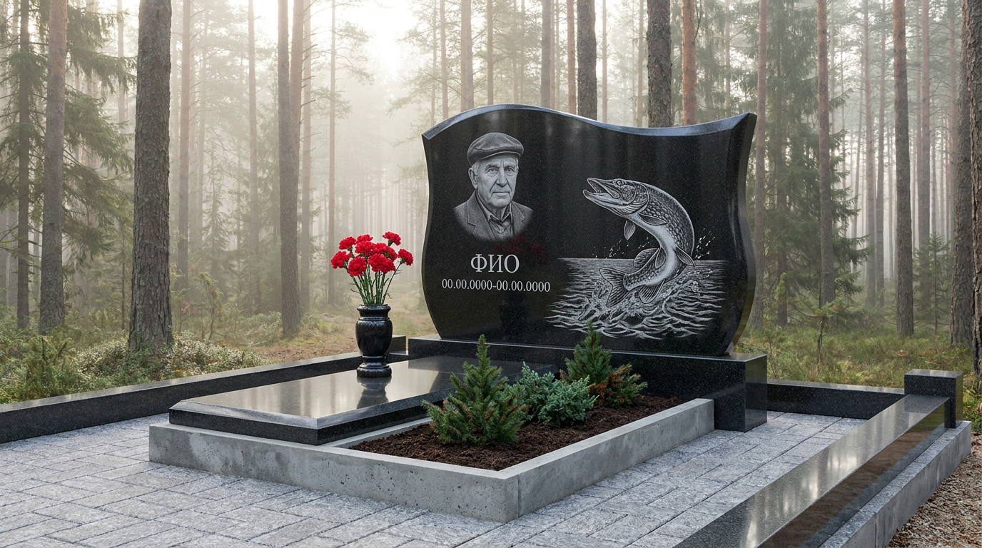Пример дизайна: Гранитный памятник рыбаку со спиннингом