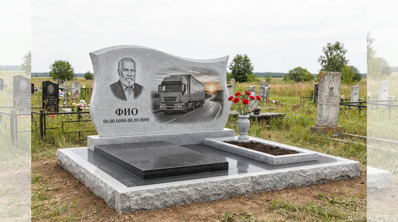 Пример дизайна: Гранитный памятник дальнобойщику с фактурой скалы с уходящей вдаль дорогой