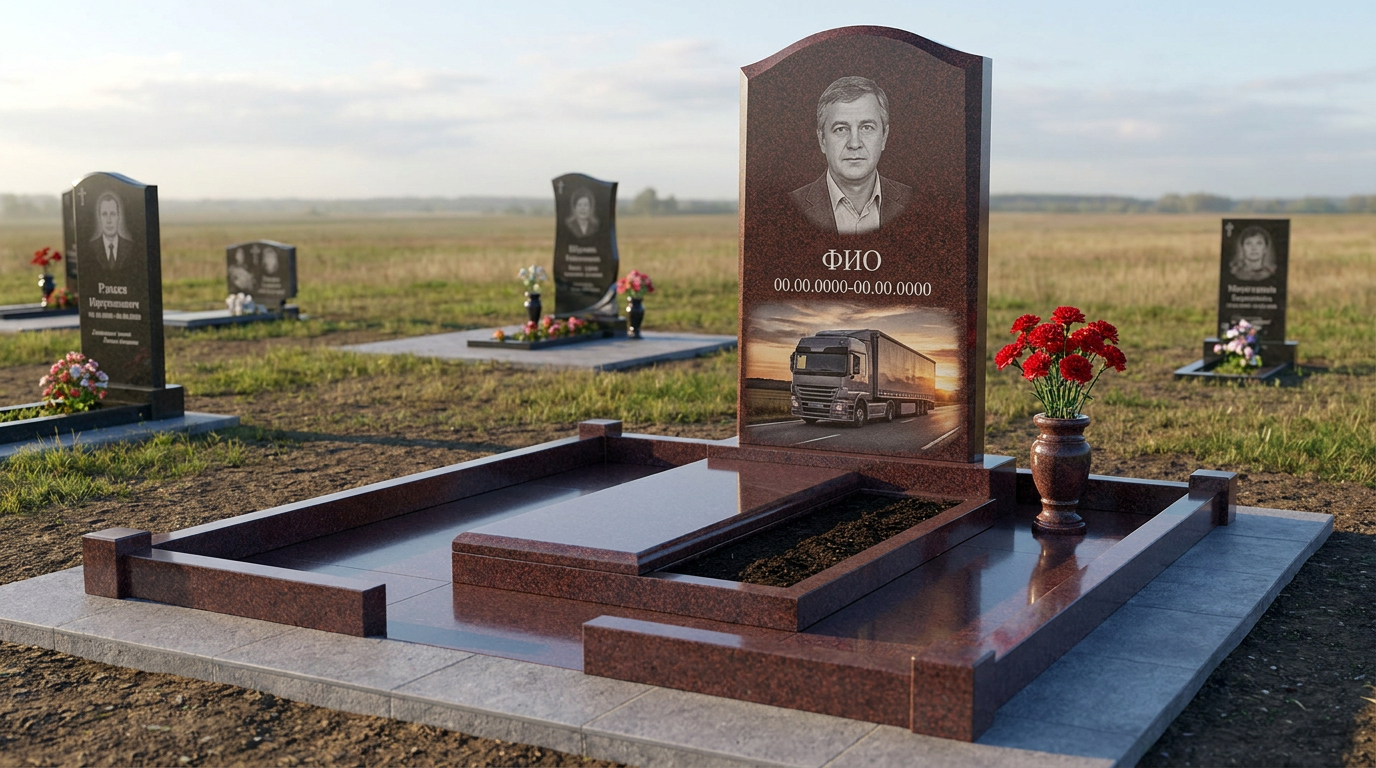 Пример дизайна: Гранитный памятник дальнобойщику с арочным верхом с фурой