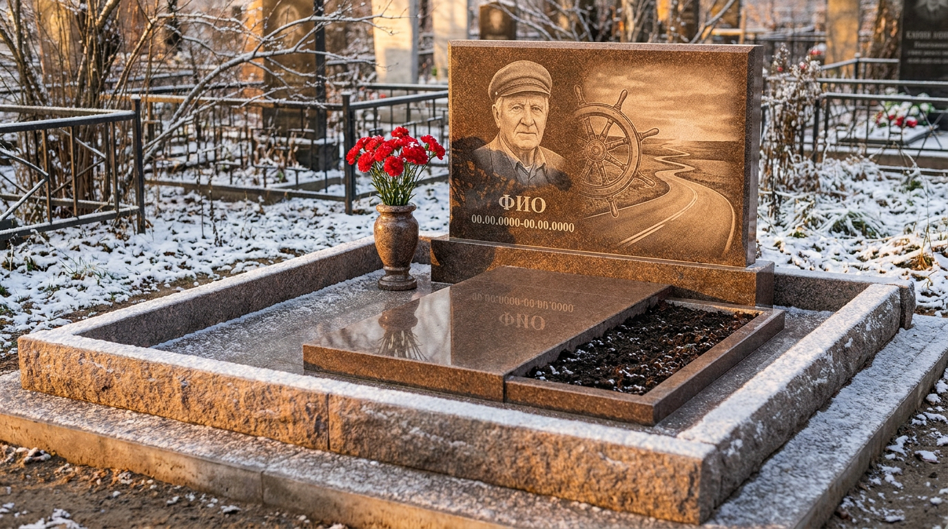 Пример дизайна: Гранитный памятник дальнобойщику с фурой на закате