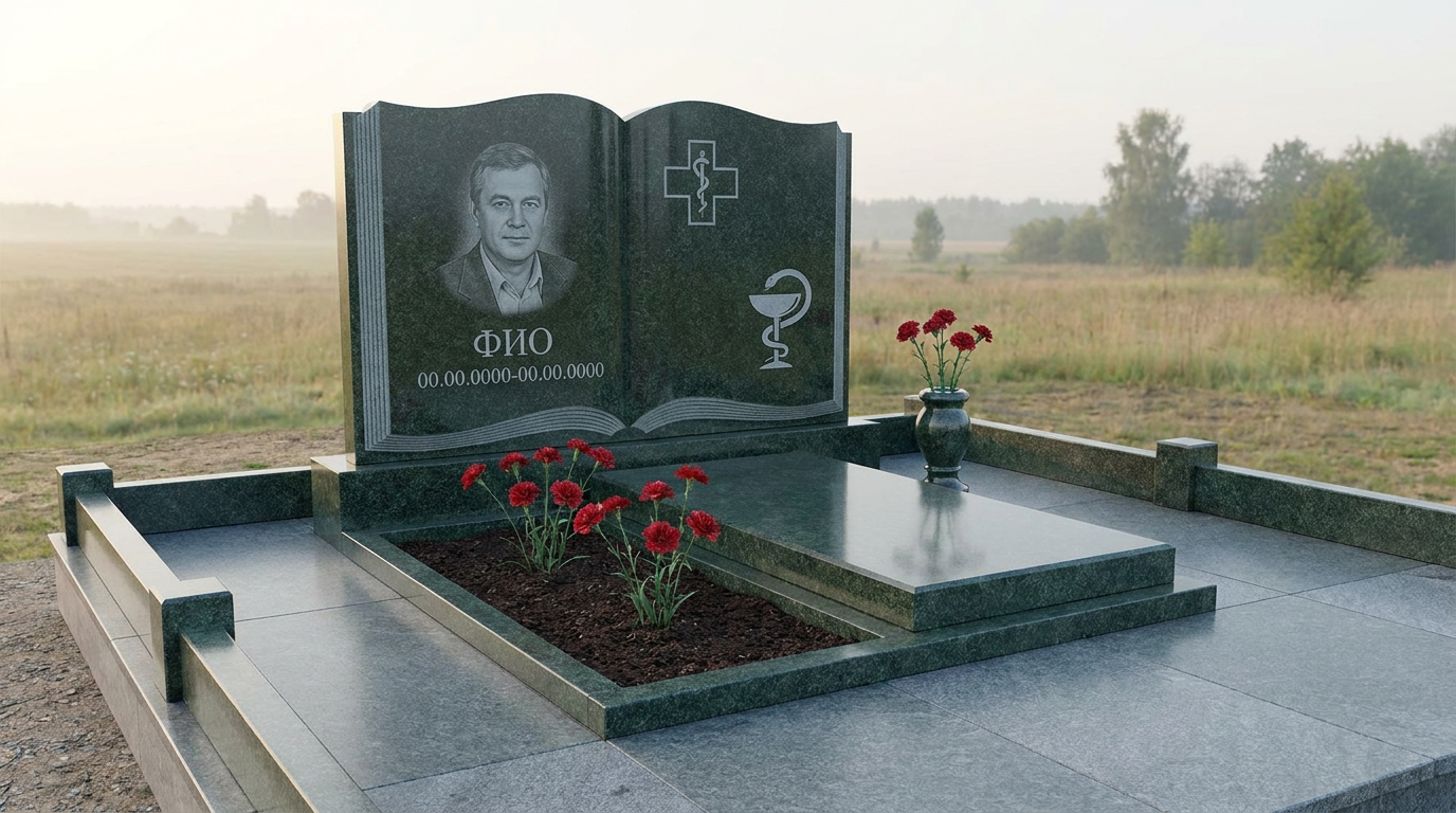 Пример дизайна: Гранитный памятник врачу в виде раскрытой книги с фонендоскопом и книгой