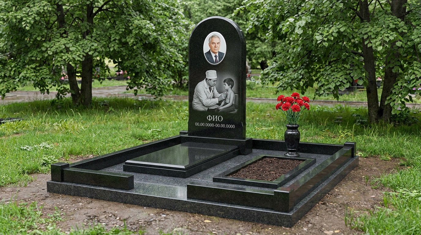 Пример дизайна: Гранитный памятник врачу в форме арки с фонендоскопом и книгой