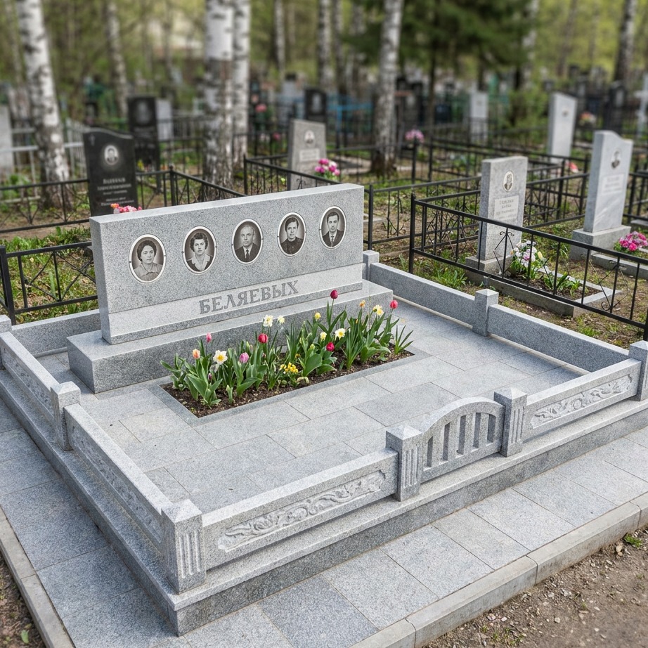 Пример дизайна: Семейный памятник из серого гранита на пять человек — фото и цена