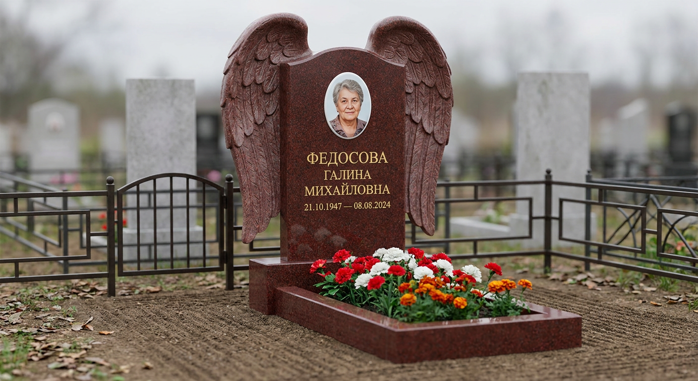 Пример дизайна: Мемориал с крыльями ангела из красного гранита Лежниковский