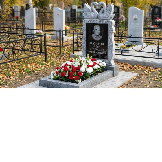 Мемориал с лебедями и сердцем из мансуровского гранита