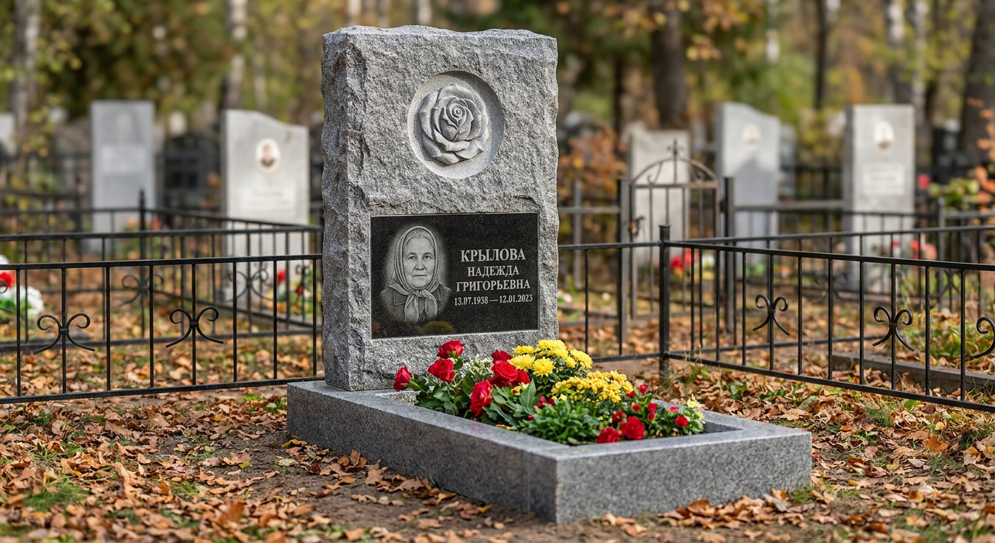 Пример дизайна: Памятник с розой в медальоне из мансуровского гранита