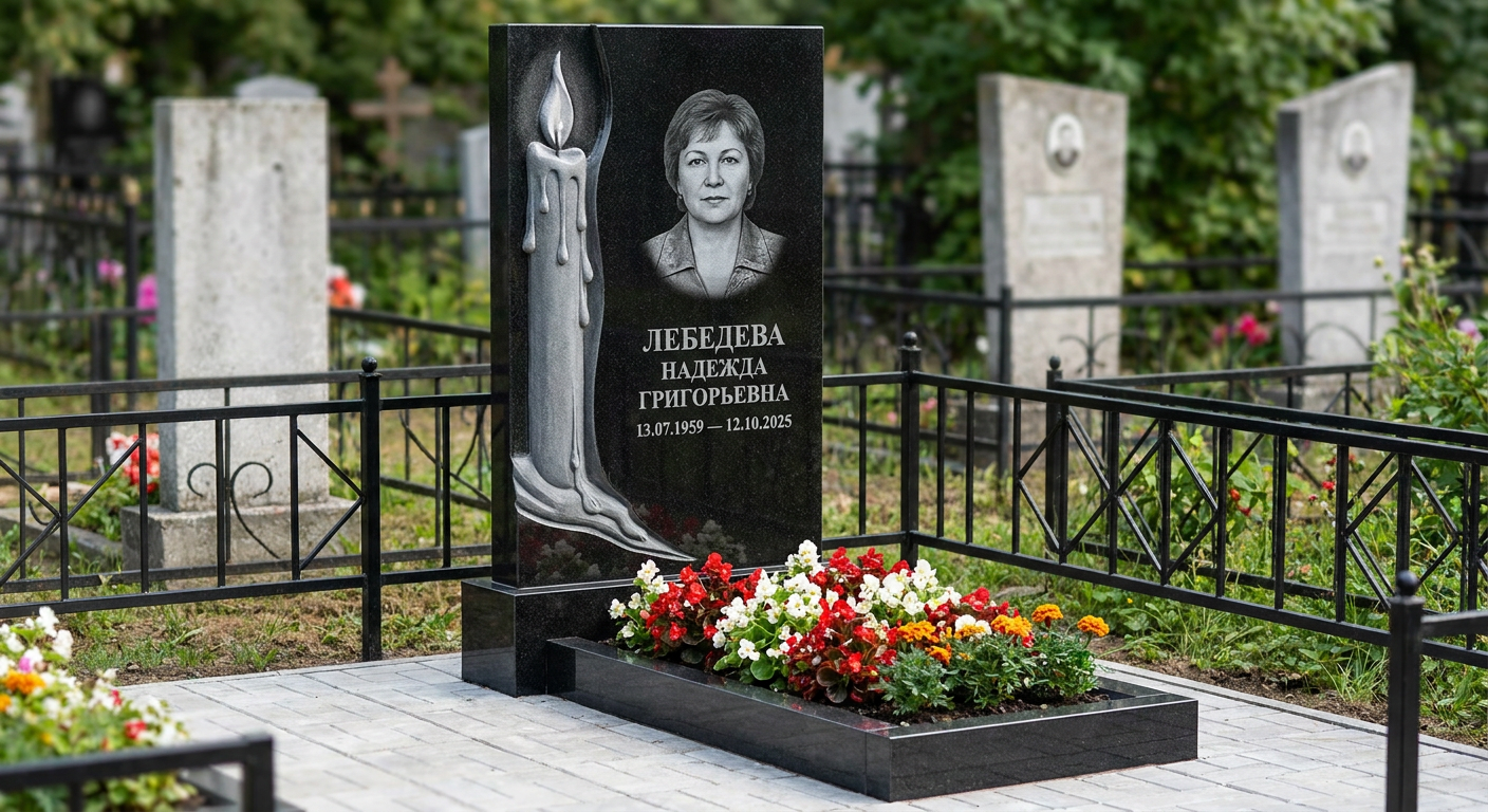 Пример дизайна: Памятник с горящей свечой из черного габбро-диабаза с восковыми подтеками