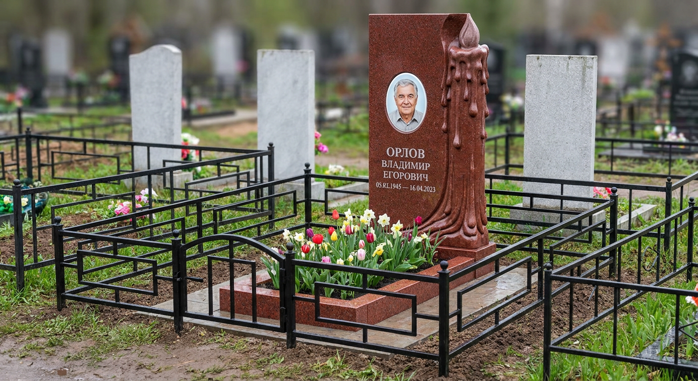 Пример дизайна: Памятник с оплывающей свечой из лезниковского гранита с портретом