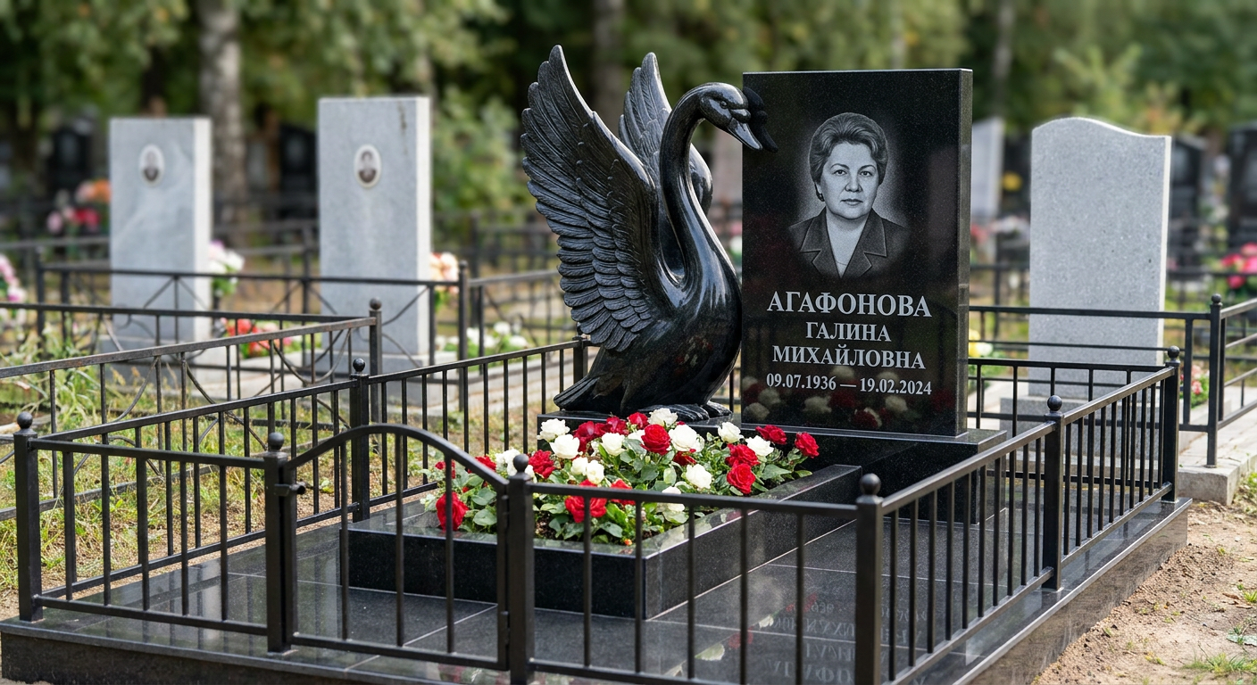 Пример дизайна: Памятник с лебедем и распростертыми крыльями из габбро-диабаза