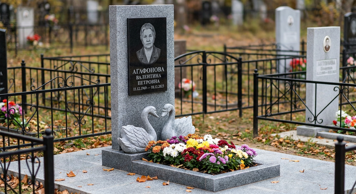 Пример дизайна: Памятник с парой лебедей из мансуровского гранита с портретом