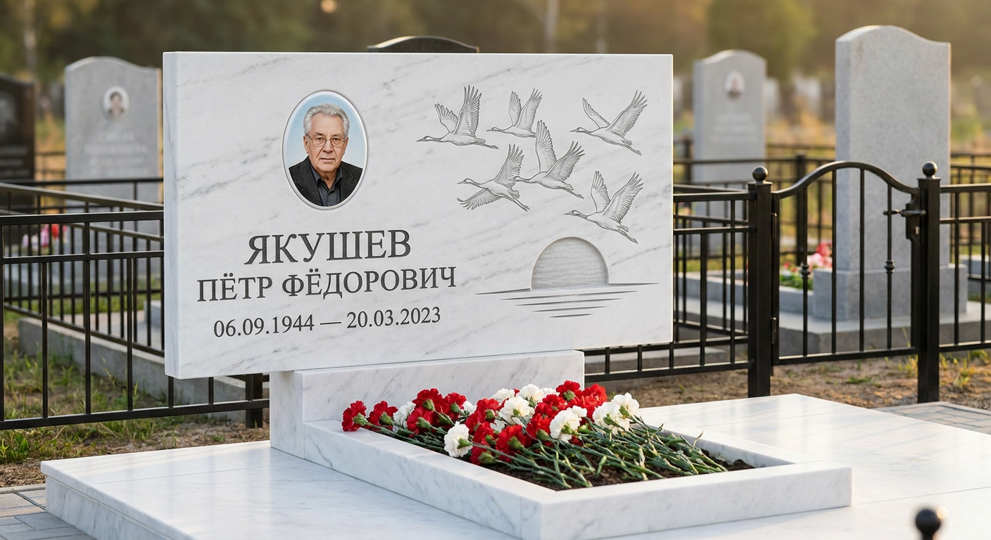 Пример дизайна: Памятник с клином журавлей из белого мрамора с портретом