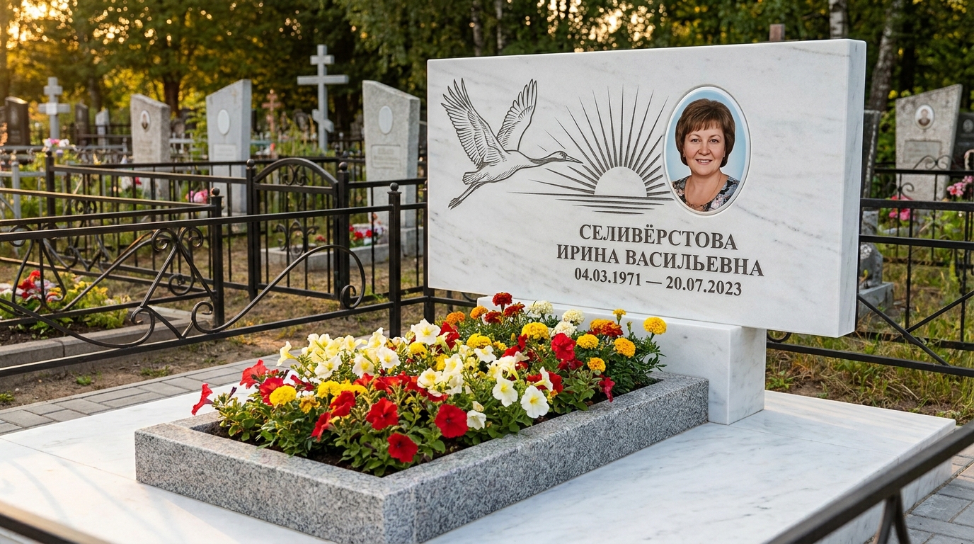 Пример дизайна: Широкая стела с клином журавлей над закатом из красного гранита
