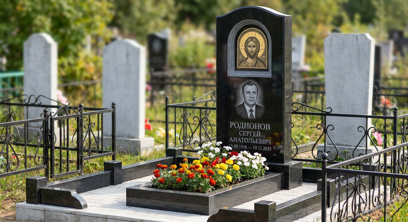 Пример дизайна: Гранитный памятник фигурный с крестом и цветником — фото и цена