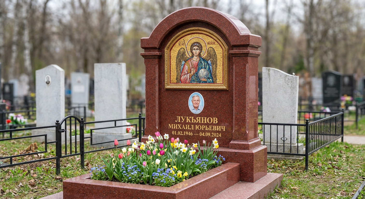 Пример дизайна: Комбинированный памятник фигурный из красного гранита с цветником — фото и цена