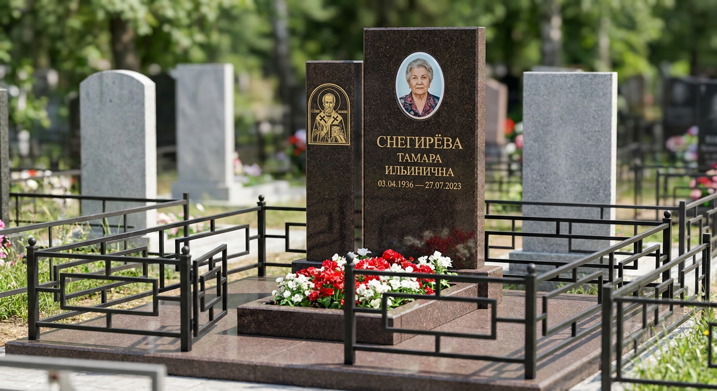 Пример дизайна: Гранитный памятник в виде книги с оградой — фото и цена