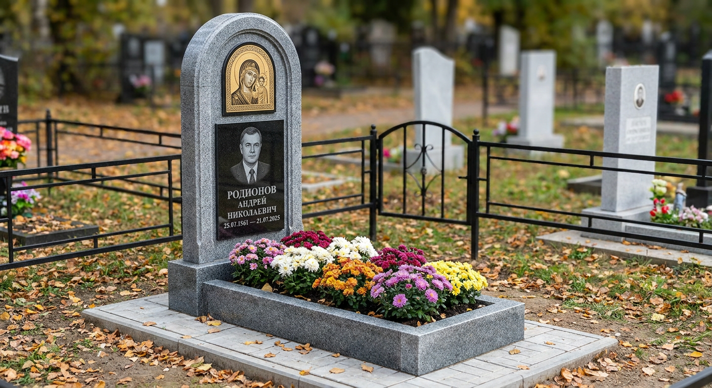 Пример дизайна: Гранитный памятник в виде скалы с оградой — фото и цена