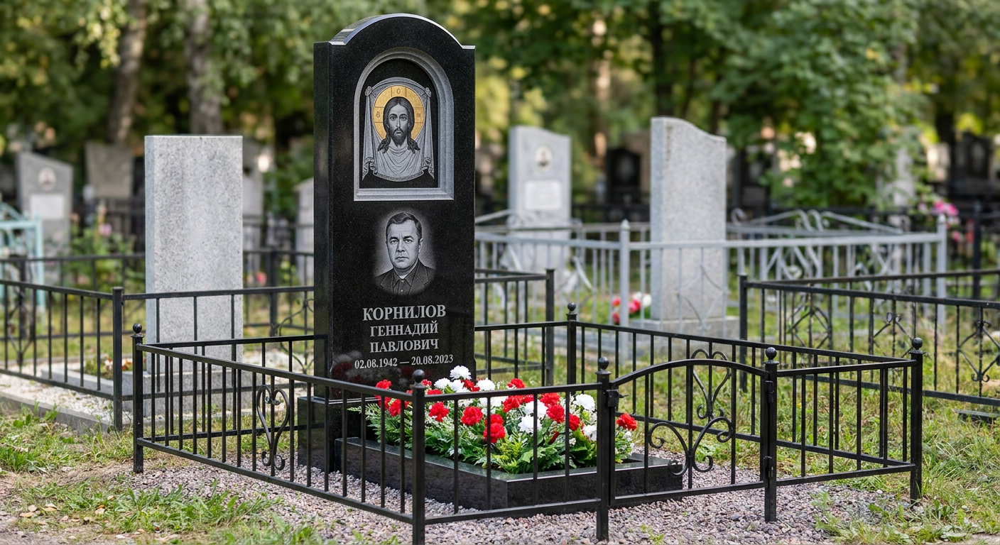 Пример дизайна: Гранитный памятник из красного гранита, цветник с розами — фото и цена