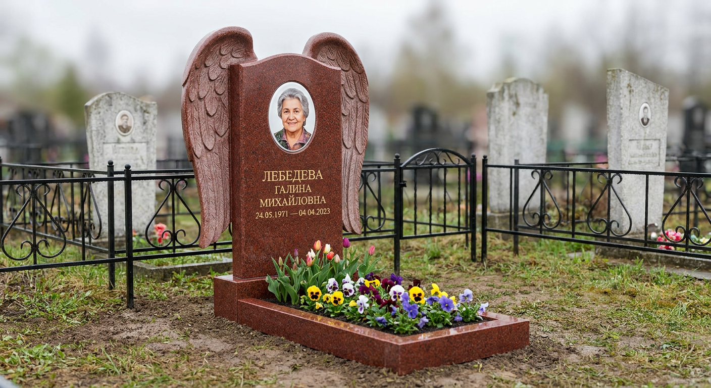 Пример дизайна: Гранитный памятник из красного гранита с фигурной стелой — фото и цена