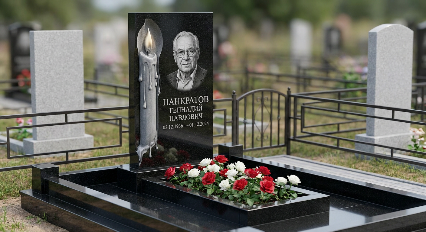Пример дизайна: Памятник с горящей свечой из габбро-диабаза с портретом