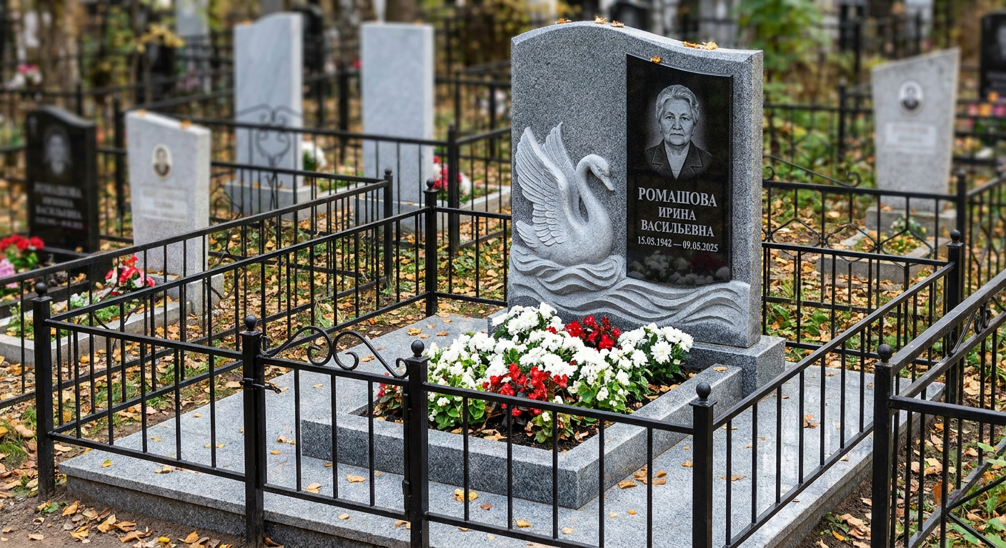 Пример дизайна: Памятник с лебедем и волнами из мансуровского гранита
