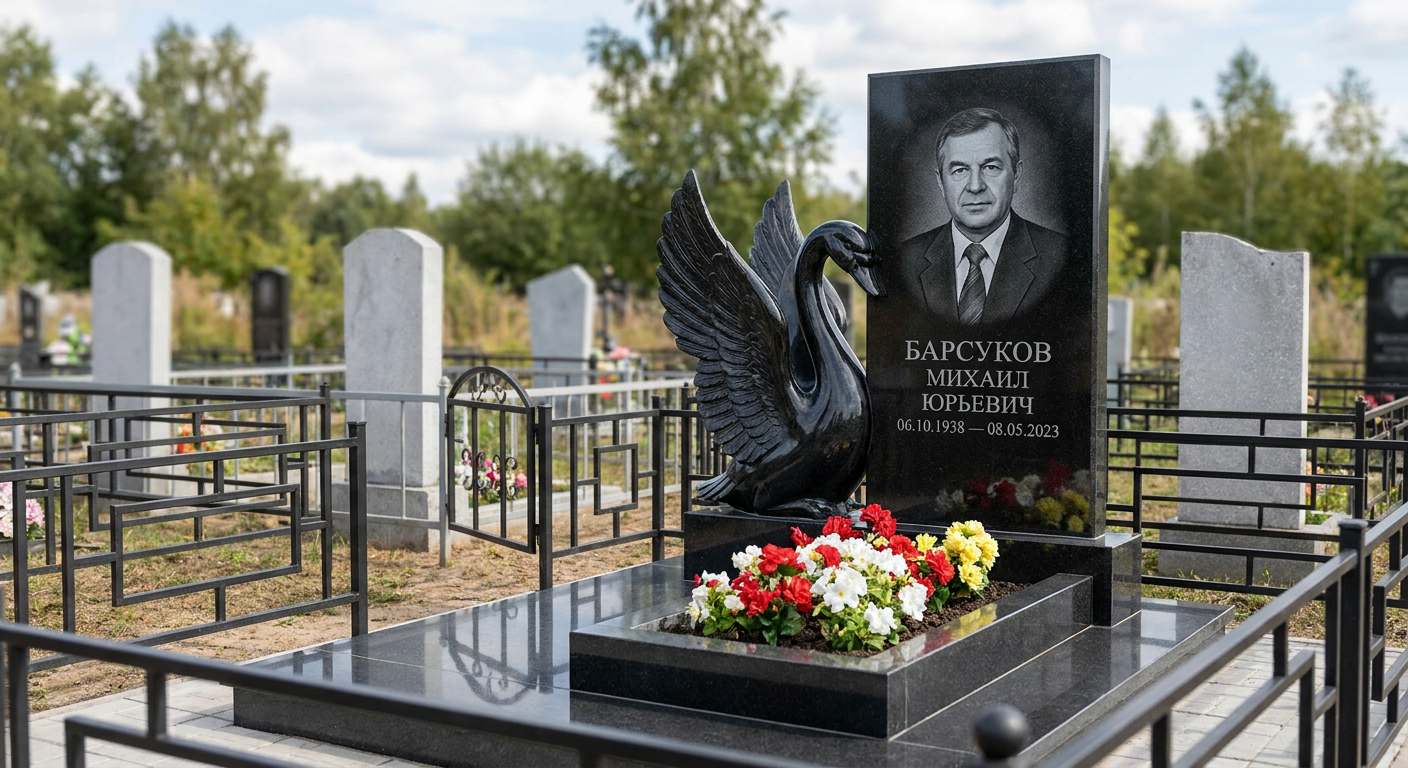 Пример дизайна: Памятник с лебедем из габбро-диабаза с распахнутыми крыльями
