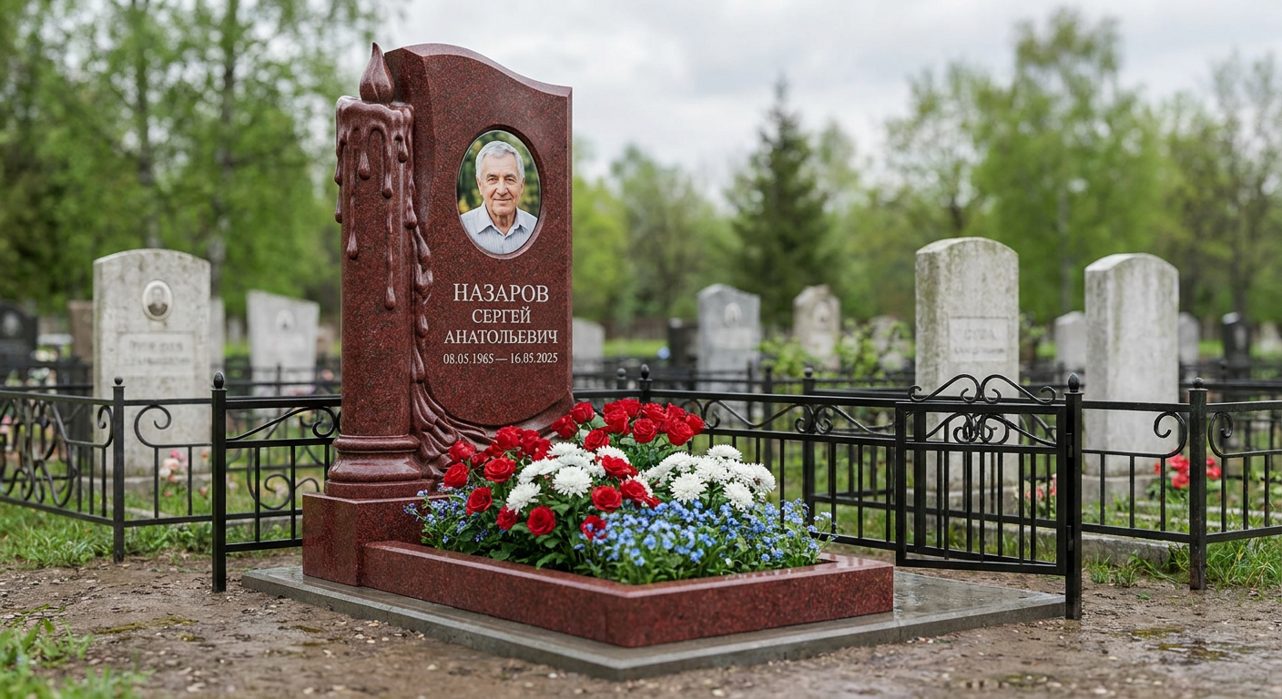 Пример дизайна: памятник с свечой из красного лезниковского гранита с портретом
