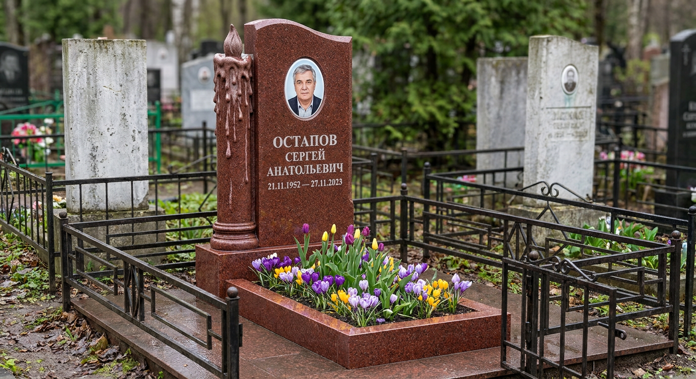 Пример дизайна: памятник с пламенной свечой из красного гранита с портретом