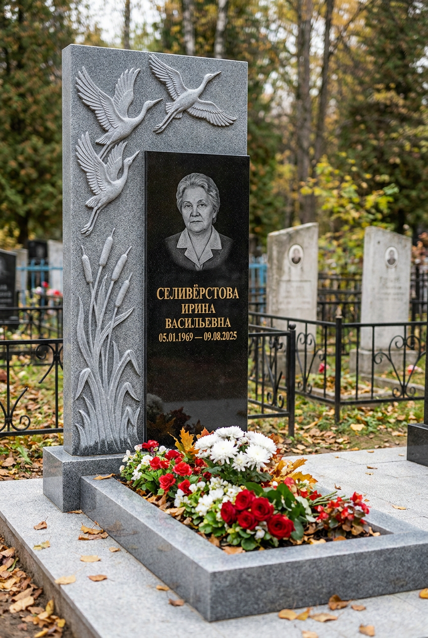 Пример дизайна: памятник с журавлями из серого гранита Мансуровский с портретом