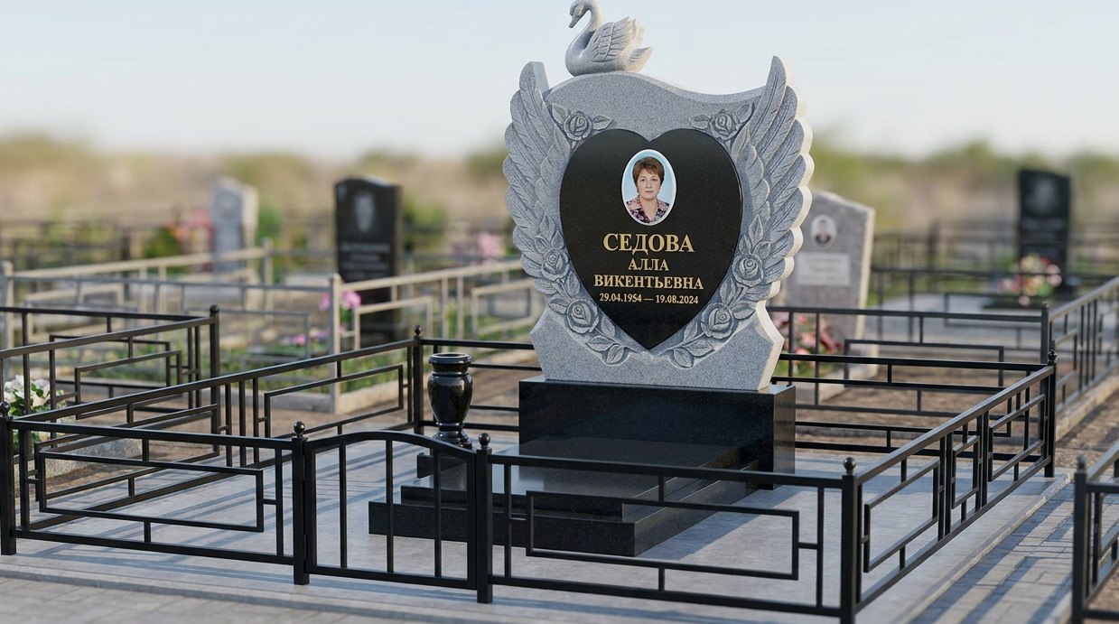 Пример дизайна: Комбинированный памятник Крылья Ангела с лебедем — фото и цена