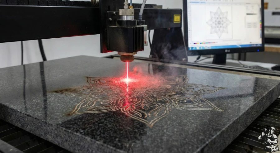 Protsess-lazernoy-gravirovki-uzora-mandaly-na-chernom-granite