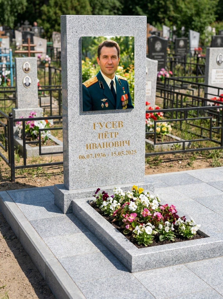 Портрет на памятнике в Красноярске — Прямоугольник на гранитной стеле, ФИО и даты на портрете
